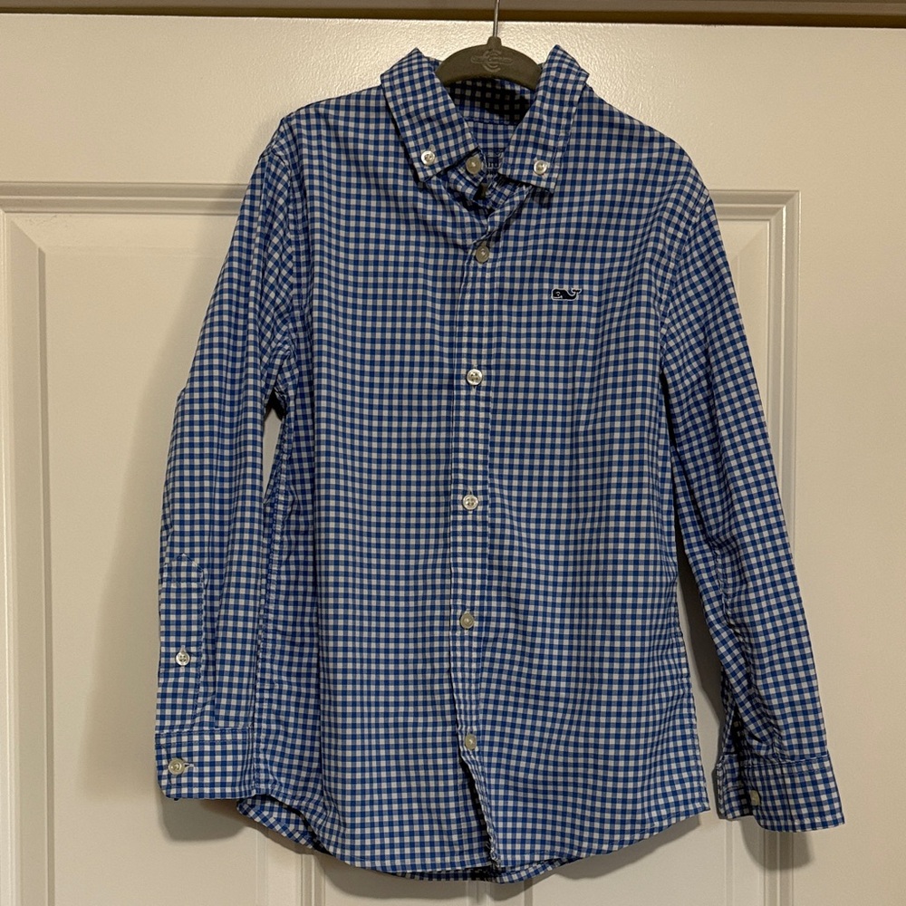 Vineyard Vine’s Boy’s Performance Blue and white gingham shirt
